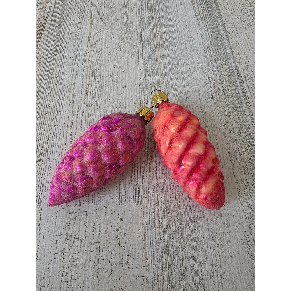 Vintage Christborn pink pine cone glitter‎ glass ornament set orange Xmas tree